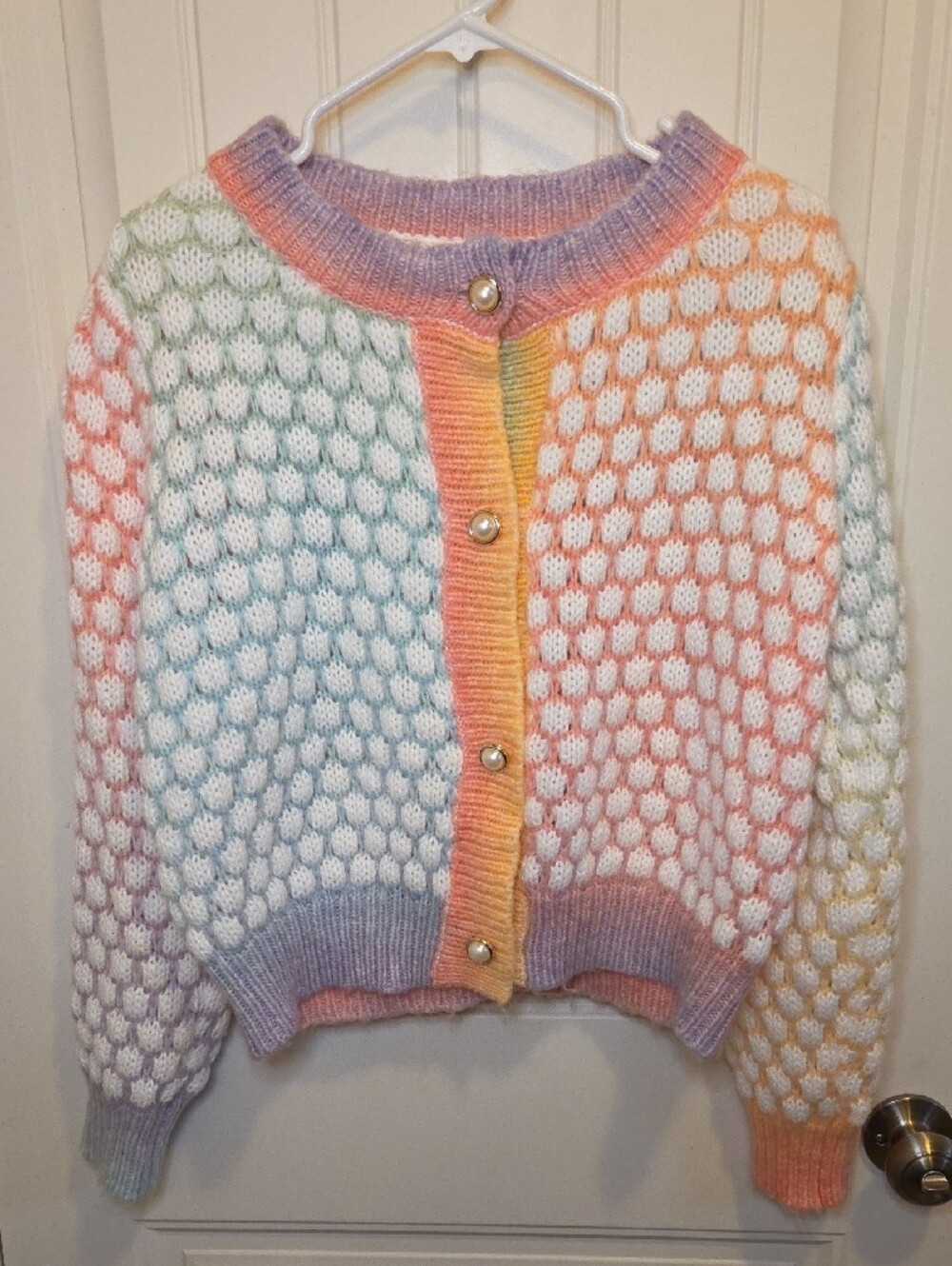 Pastel Rainbow 🌈 Gradient Honeycomb Knit Cardigan  Crop Sweater - Picture 3 of 6
